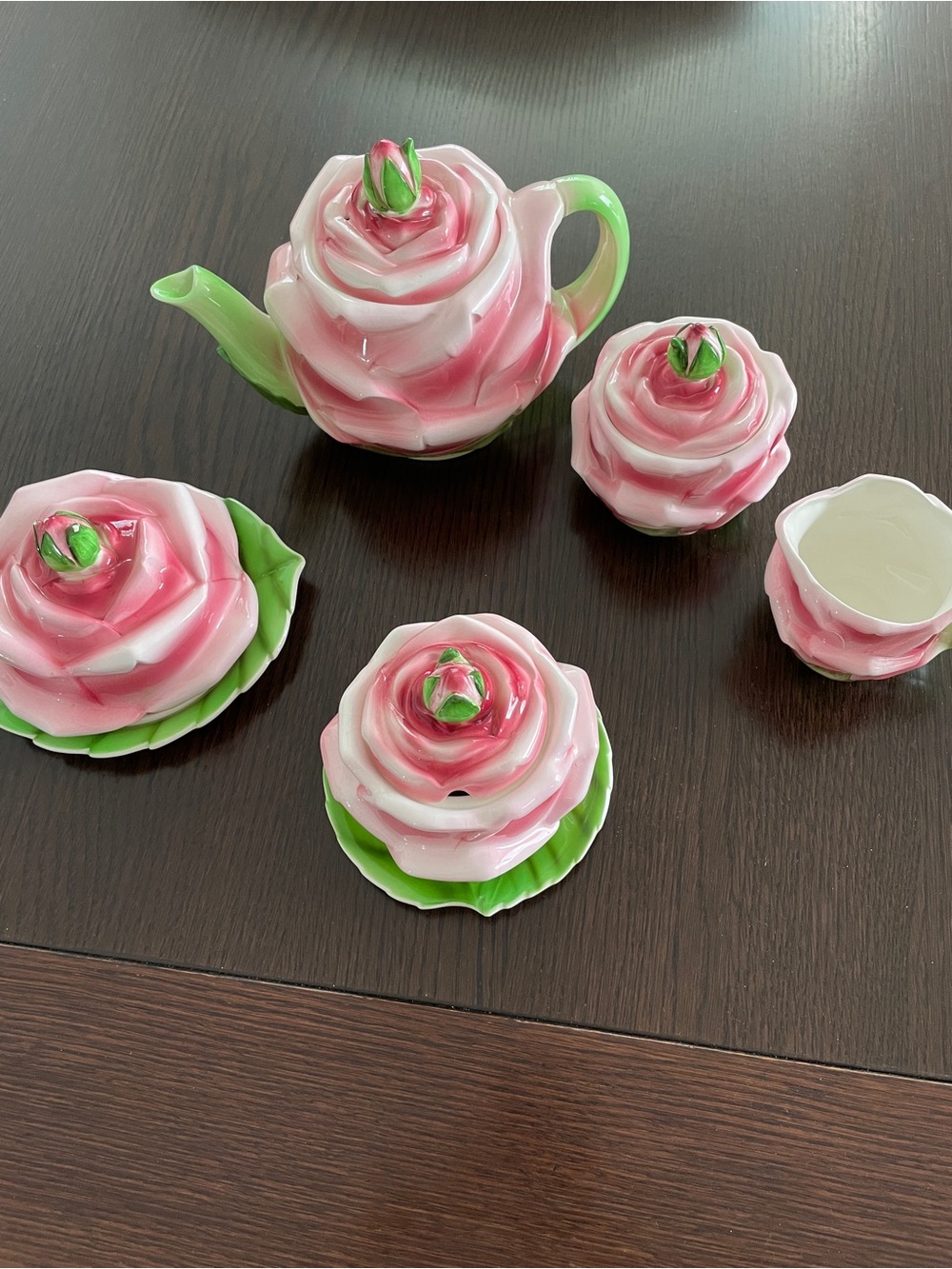 Countess Rose PY 21930 Ceramic Tea Set with Green Leaf Accents - 1950’s